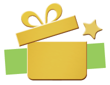 a yellow gift box with a green ribbon and a star